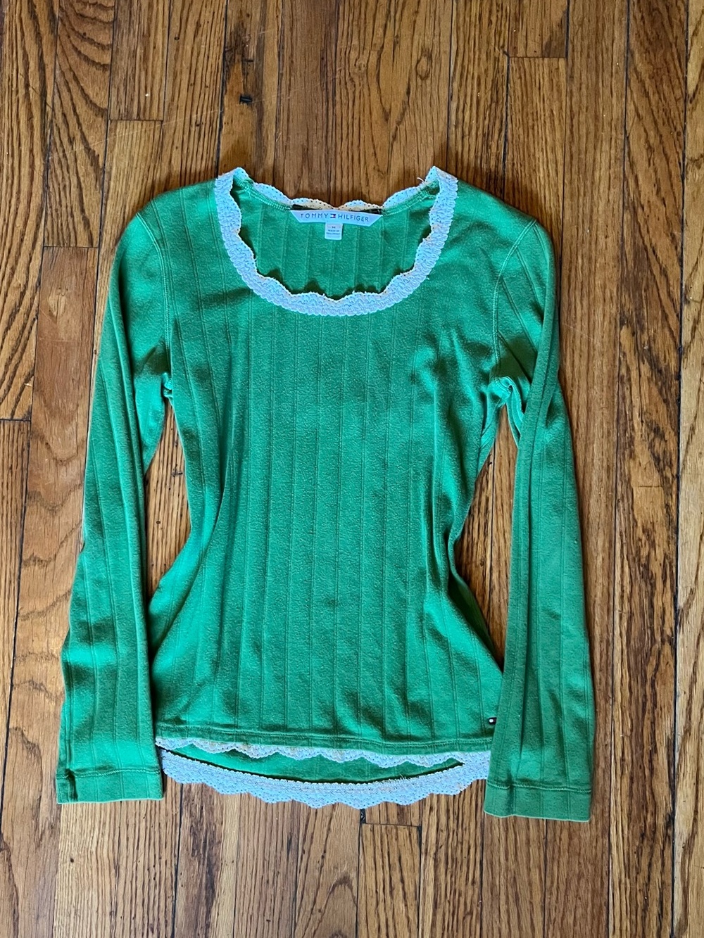 Tommy Hilfiger Green Ribbed Long-Sleeve Top with White Lace Trim - Picture 4 of 4